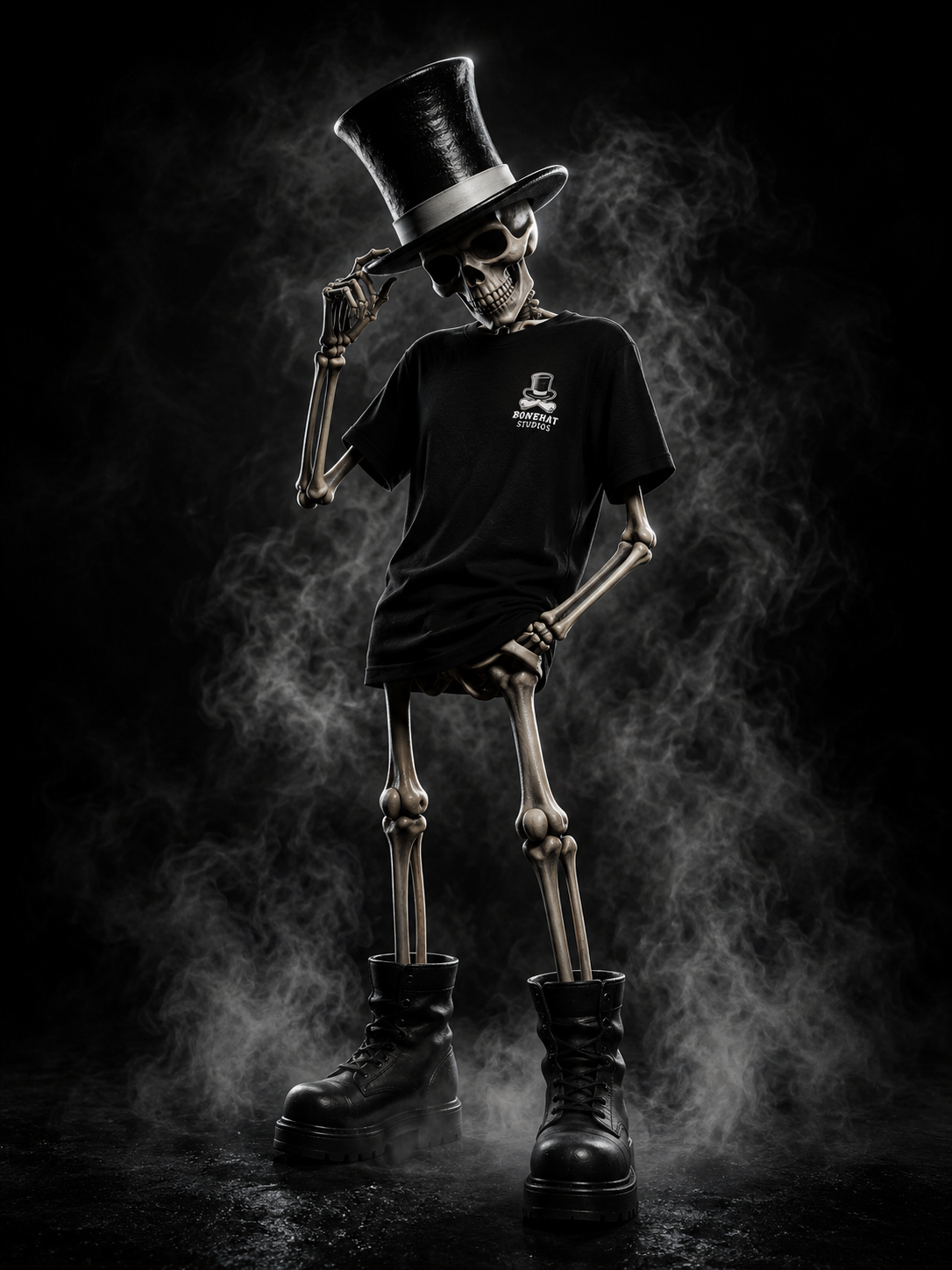 Bonehat studio artwork: a top-hatted skeleton wearing a branded T-shirt.